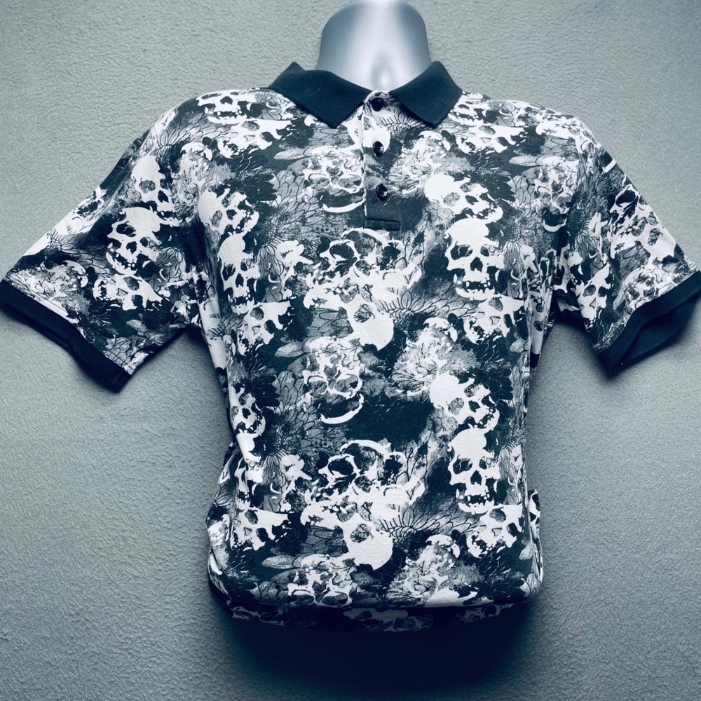 Robert‎ Graham Men Polo Shirt Cotton Skull Floral Print Medium Edgy Goth Black